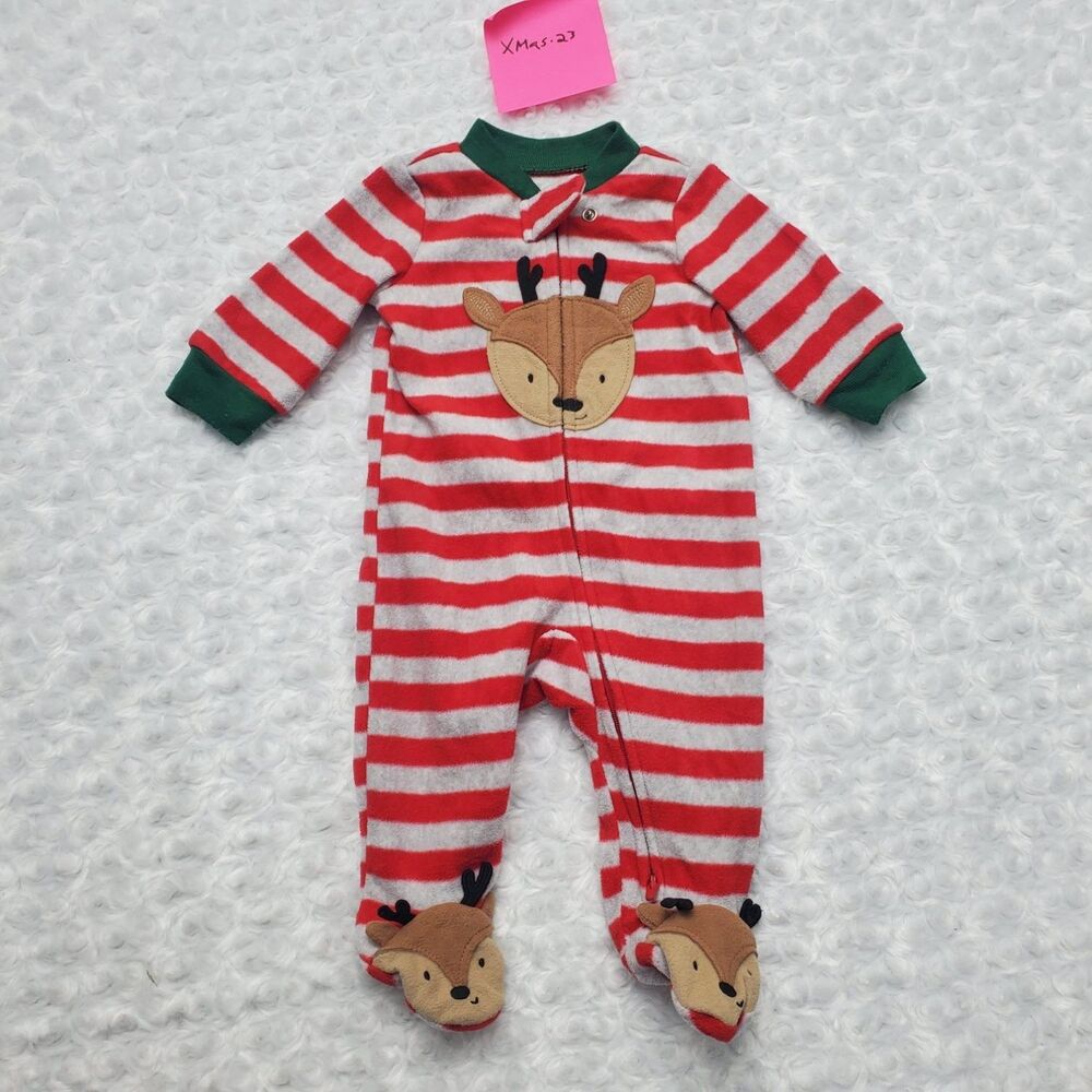 Carter's Baby 3M Christmas Reindeer Fleece Footed Pajamas Sleeper Red Striped